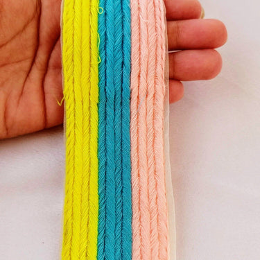 Pink, Blue And Yellow Thread Stripes Trim, Cotton Embroidered Trim